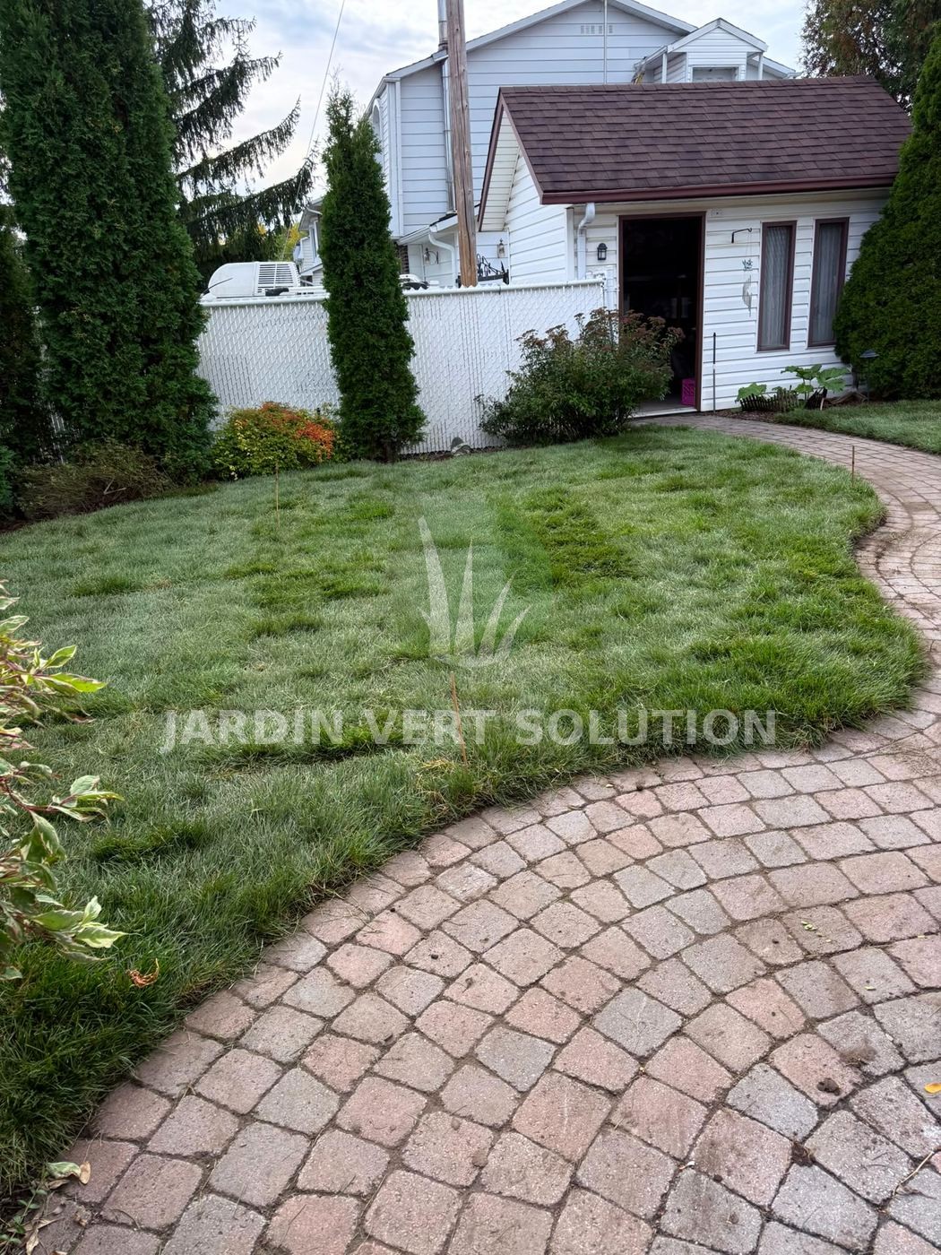 Façade et allée courbée – pose de tourbe Jardin Vert Solution